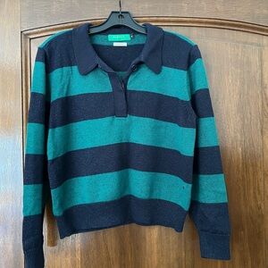 Clare V. Green and Black Striped Heloise Polo Sweater